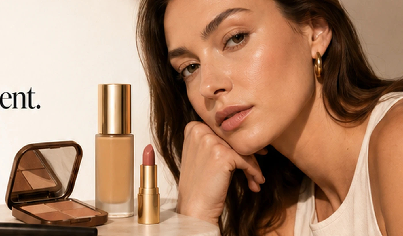 Luxury makeup products beside an editorial beauty portrait
